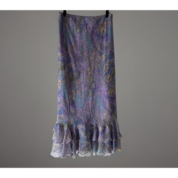Y2K Ruffle Hem Maxi Skirt Purple Fuschia Pink Sz 14 Floral Paisley Peasant Boho - Picture 2 of 11